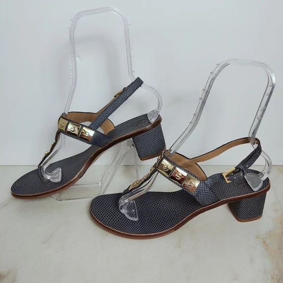 Tory Burch Navy Snake Print Leather Studded T-strap Block Heel Sandals, 10.5 - Picture 3 of 15